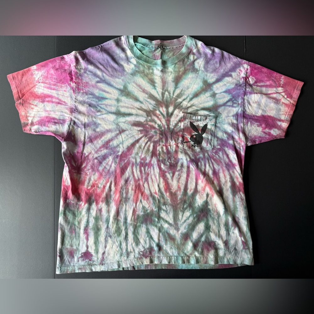 Vintage 90s Playboy Tie-Dye T-Shirt Smoking Bunny Graphic | XL